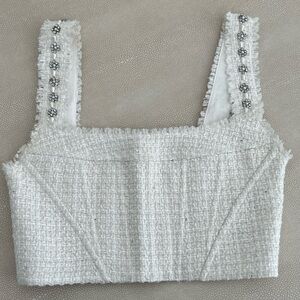 Alice and Olivia White Tweed Rhinestone Top